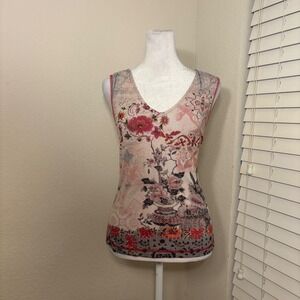 90s stretchy tank top floral print rhinestones mesh back euro artsy spiritual
